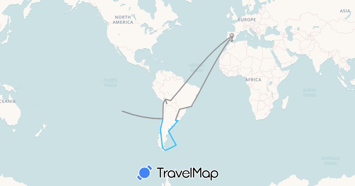 TravelMap itinerary: driving, plane, boat in Argentina, Bolivia, Brazil, Chile, Spain, Falkland Islands, Uruguay (Europe, South America)